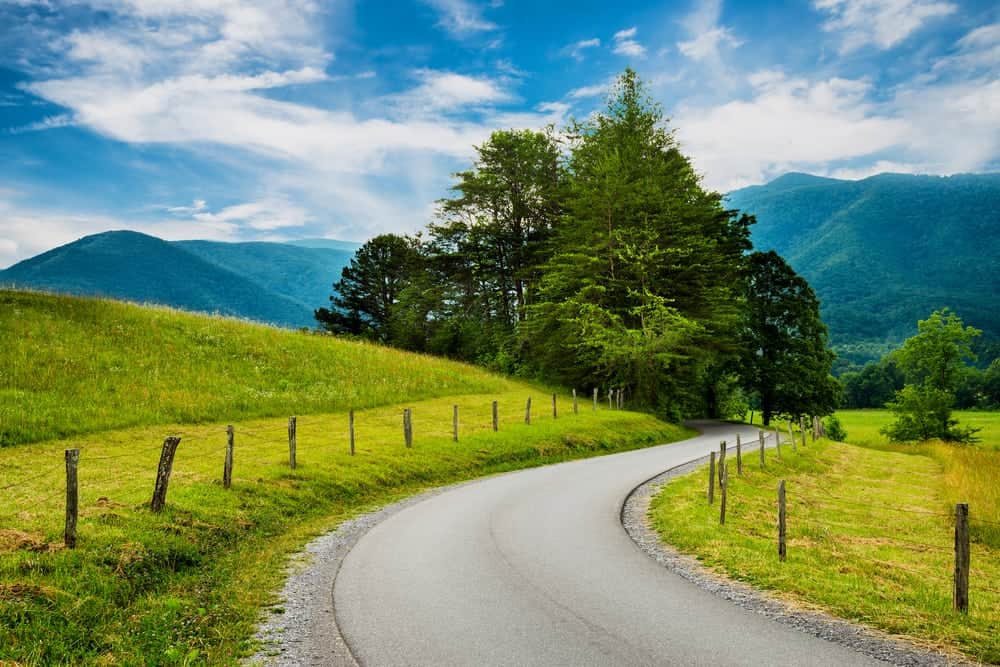 A scenic road in Cades Cove in the Great Smoky Mountains National Park.