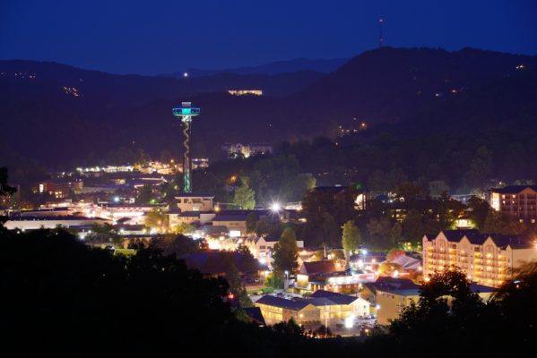 The city of Gatlinburg at night.