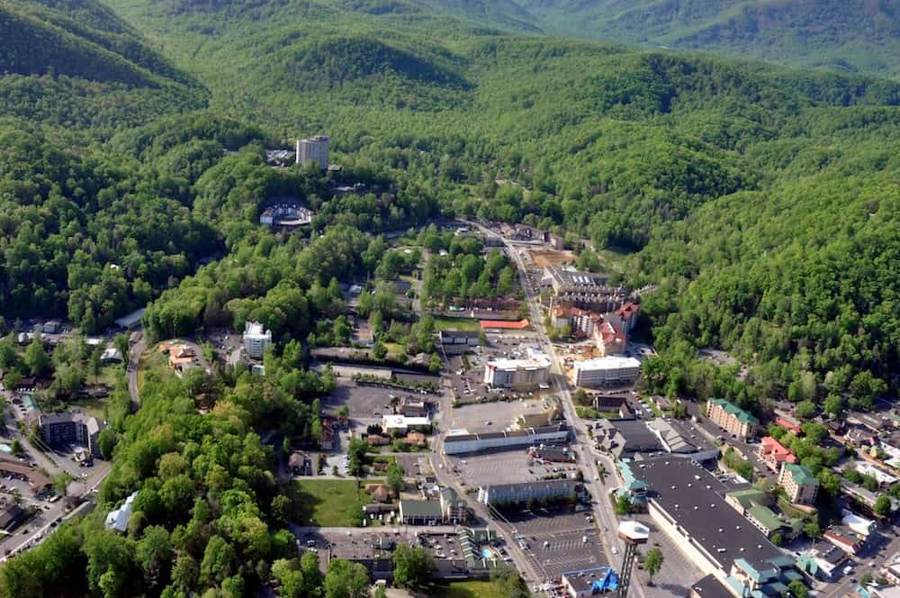 Aerial photo of Gatlinburg Tn nestled in the Great Smoky Mountains