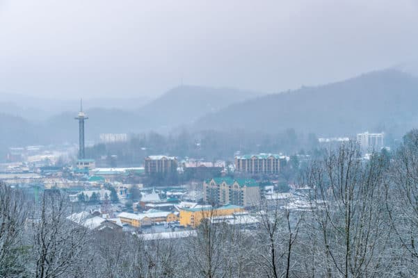 winter in the smoky mountains- aerial view of snowy gatlinburg